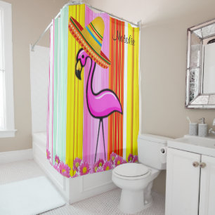 Shower Curtain Stripe Floral Pink Flamingo Douchegordijn