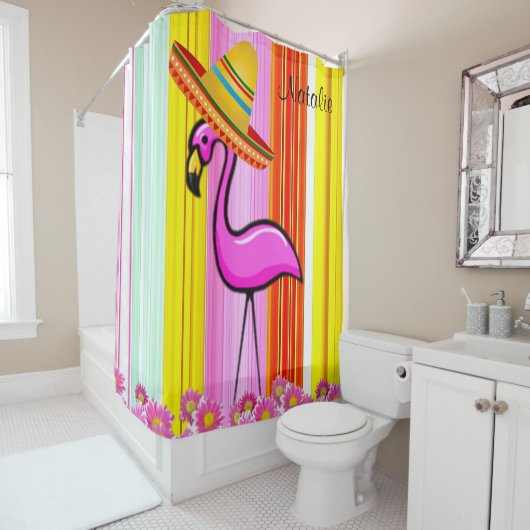 Shower Curtain Stripe Floral Pink Flamingo Douchegordijn (In situ)