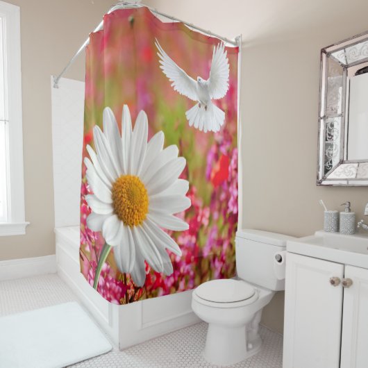 Shower Curtain White Dove Daisy Pink Floral Douchegordijn (In situ)