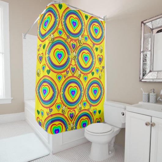 Shower Curtain Yellow Bumblebee Rainbows Heart Douchegordijn (In situ)
