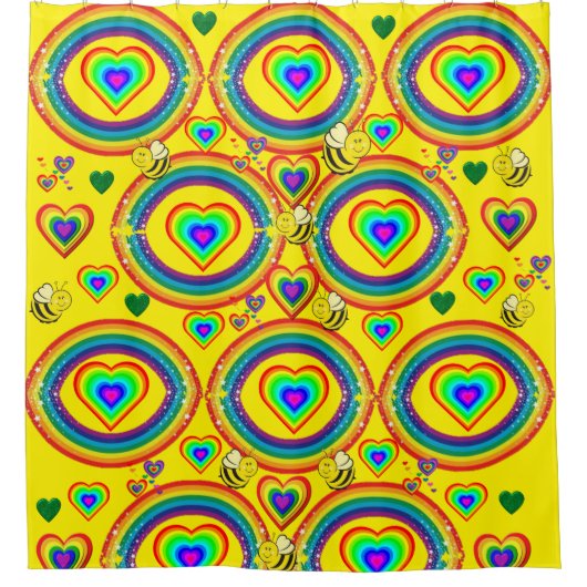 Shower Curtain Yellow Bumblebee Rainbows Heart Douchegordijn (Voorkant)
