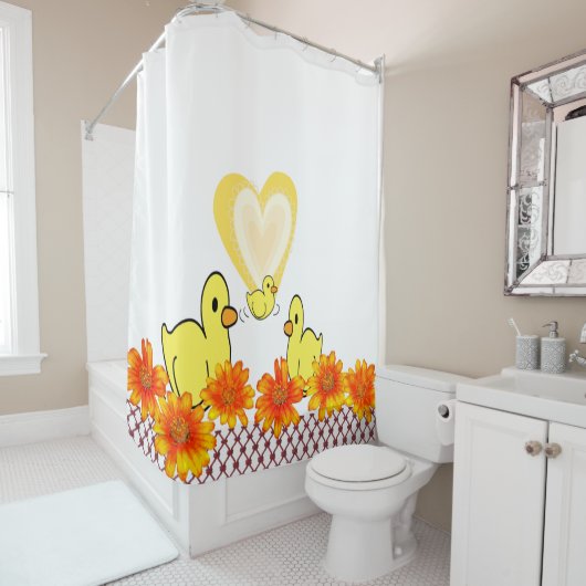 Shower Curtain Yellow Ducks Floral Hearts Douchegordijn (In situ)