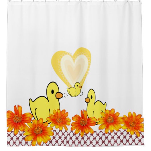 Shower Curtain Yellow Ducks Floral Hearts Douchegordijn (Voorkant)