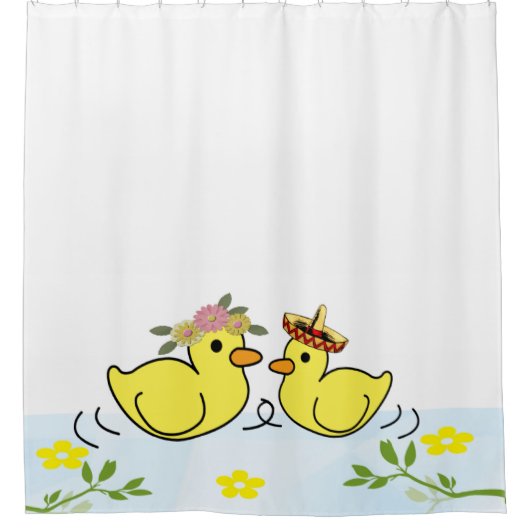Shower Curtain Yellow Ducks Sombrero Floral Douchegordijn (Voorkant)