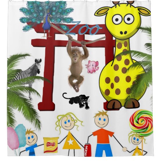 Shower Curtain Zoo Giraffe Peacock Monkey Douchegordijn (Voorkant)