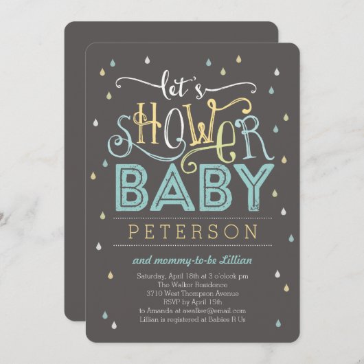 Shower druppelt Baby shower Uitnodiging - blauw (Voorkant / Achterkant)