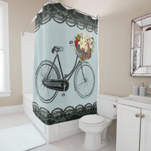 Shower gordtain fiycle flower mint groen douchegordijn (In situ)