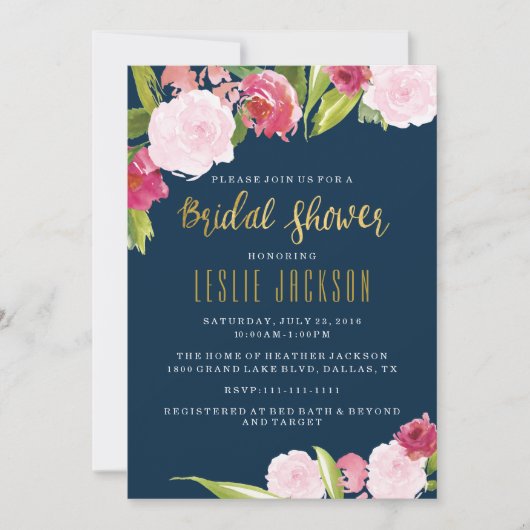 Shower Invitation Navy and Gold Bridal Kaart (Voorkant)