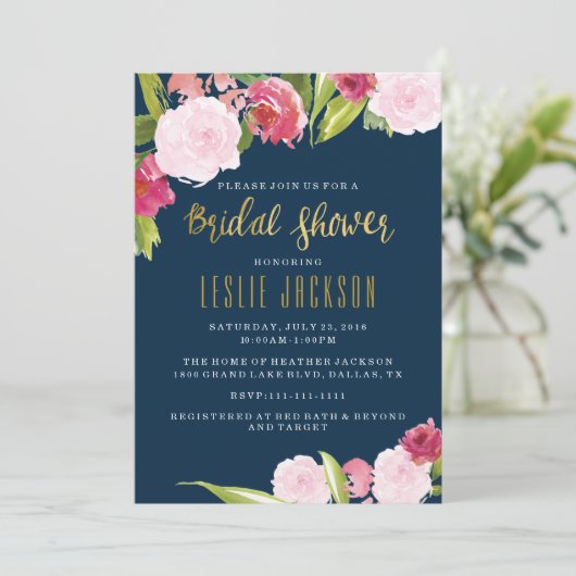 Shower Invitation Navy and Gold Bridal Kaart (Staand voorkant)