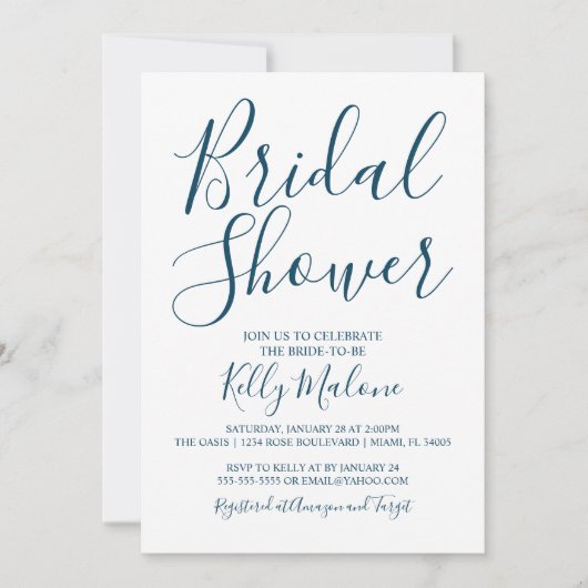 Shower Invitation Navy and White Script Bridal Kaart (Voorkant)