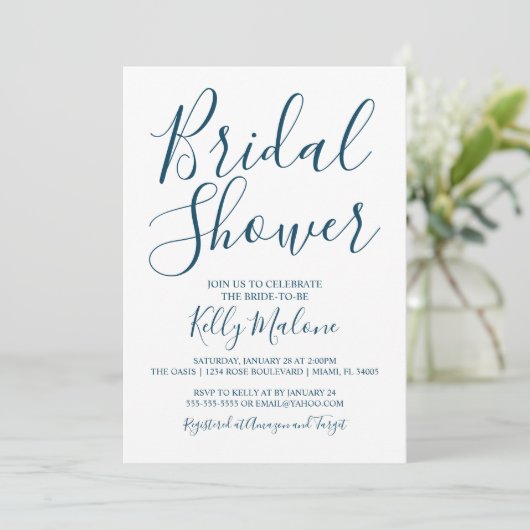 Shower Invitation Navy and White Script Bridal Kaart (Staand voorkant)
