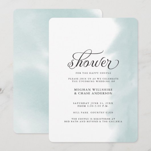 Shower Invite | Blauwgroen groene Waterverf Stroke Kaart (Voorkant / Achterkant)