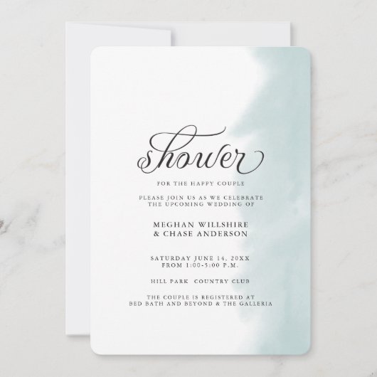 Shower Invite | Blauwgroen groene Waterverf Stroke Kaart (Voorkant)