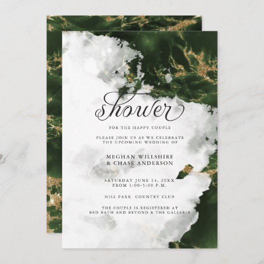 Shower Invite | Emerald Green Waterverf Geode Kaart (Voorkant / Achterkant)
