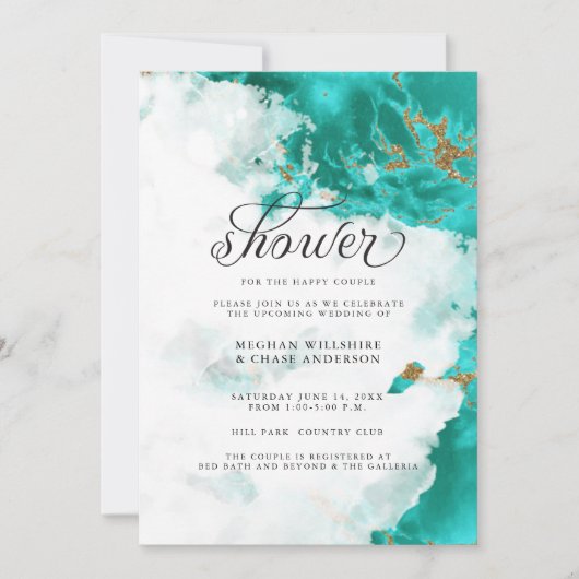 Shower Invite | Modern Turquoise Waterverf Geode Kaart (Voorkant)
