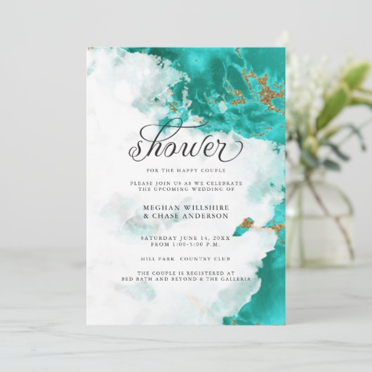 Shower Invite | Modern Turquoise Waterverf Geode Kaart (Staand voorkant)