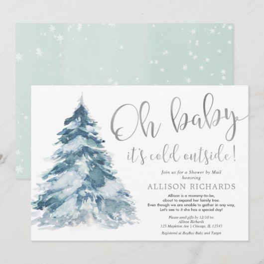 Shower per mail: winter zilverwit baby shower kaart (Voorkant / Achterkant)