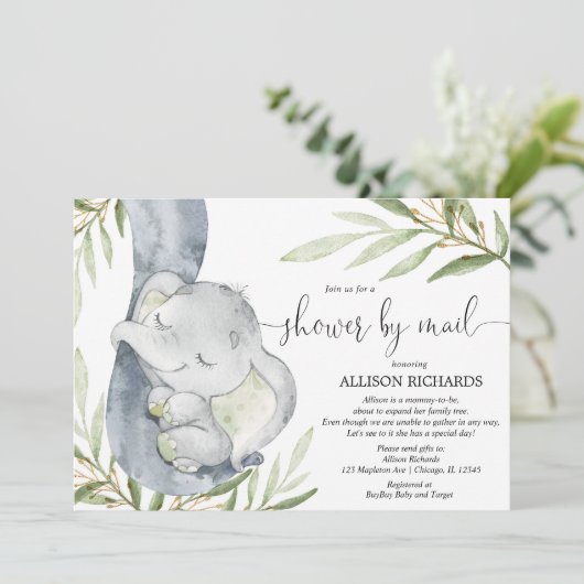 Shower per post-olifant genderneutraal baby shower kaart (Staand voorkant)