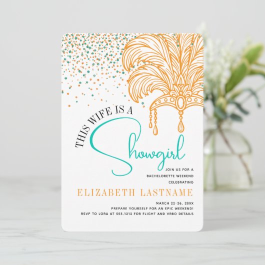 Showgirl Bride Era Orange Teal Bachelorette Party Kaart (Staand voorkant)