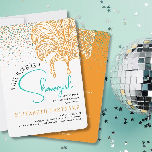 Showgirl Bride Era Orange Teal Bachelorette Party Kaart