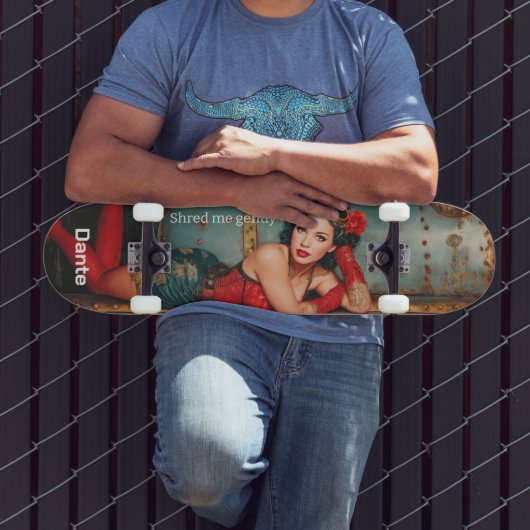 "Shred me gently" steampunk pinup girl painting Persoonlijk Skateboard (Buiten 3)