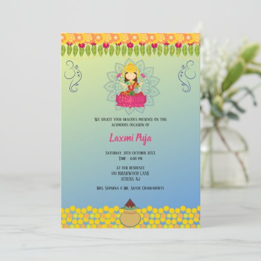 Shree Laxmi Puja Bloemen Uitnodiging (Staand voorkant)
