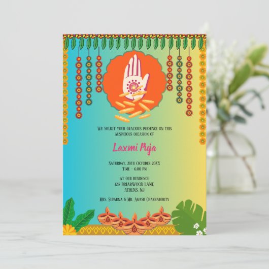 Shree Laxmi Puja Bloemen Uitnodiging (Staand voorkant)