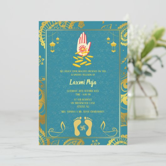 Shree Laxmi Puja Bloemen Uitnodiging (Staand voorkant)