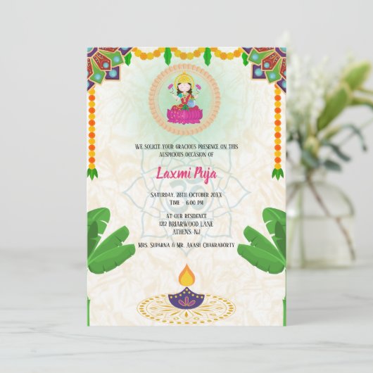 Shree Laxmi Puja Bloemen Uitnodiging (Staand voorkant)