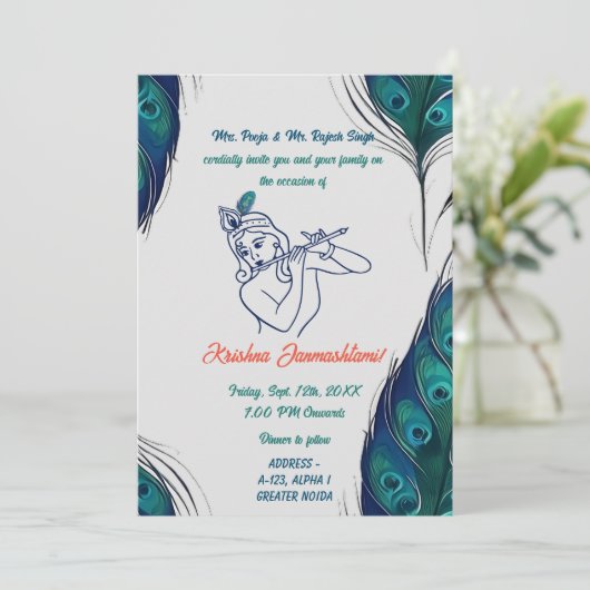 Shri Krishna Janmashtami Peacock Feather Kaart (Staand voorkant)