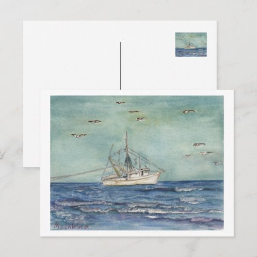 Shrimp Boat Waterverf. Briefkaart. Briefkaart (Voorkant / Achterkant)