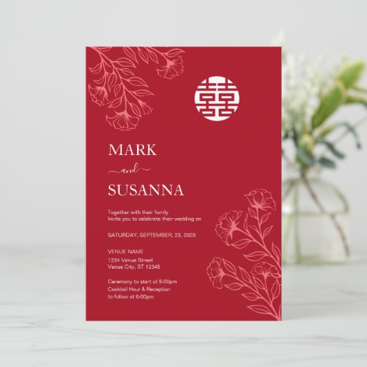 Shuang Xi Floral Traditionele Chinese bruiloft Kaart (Staand voorkant)