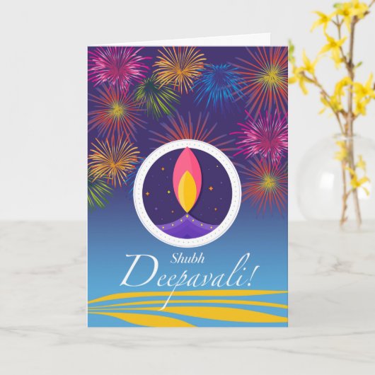 Shubh Deepavali, Diwali Diya en Fireworks Kaart (Gele Bloem)