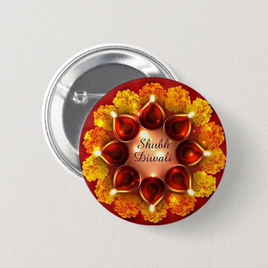 Shubh Diwali Diyas en Marigolds Ronde Button 5,7 Cm (Voorkant /achterkant)