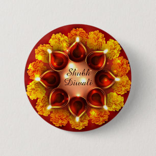 Shubh Diwali Diyas en Marigolds Ronde Button 5,7 Cm