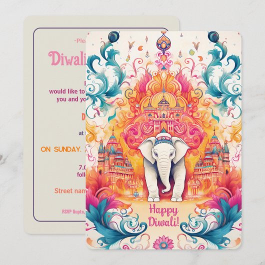 🐘 Shubh Diwali met Waterverf Elegantie Kaart (Voorkant / Achterkant)