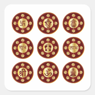 Shubh Labh Swastik Set van 9 Luxe Maroon Goud Vierkante Sticker