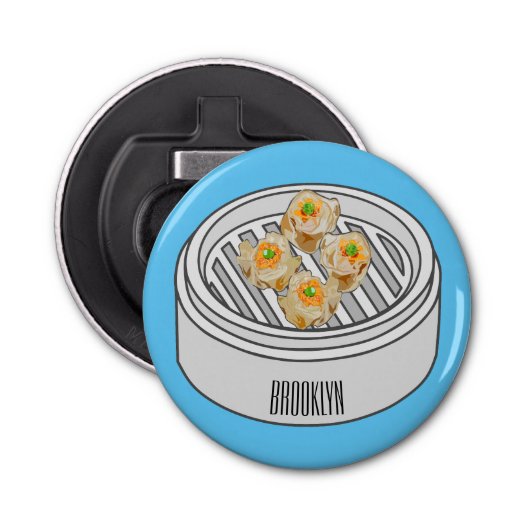 Shumai dim sum cartoon illustratie button flesopener (Voorkant)