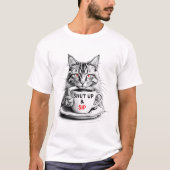Shut Up and Sip T-Shirt – Sarcastic Coffee Cat Tee (Voorkant)
