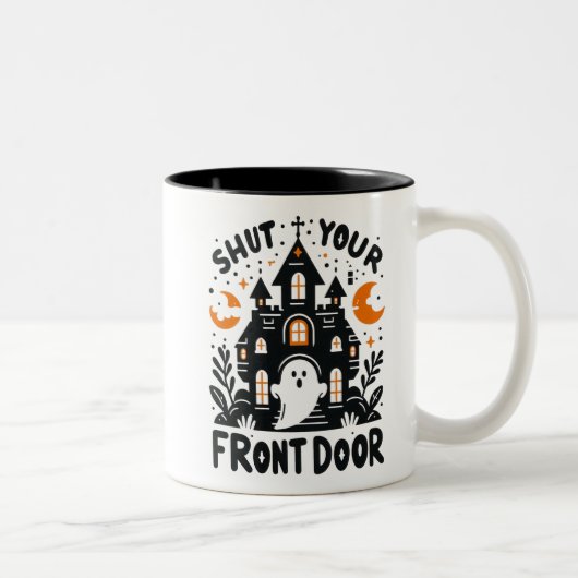Shut Your Front Door Mug – Cute Halloween Ghost Tweekleurige Koffiemok (Rechts)