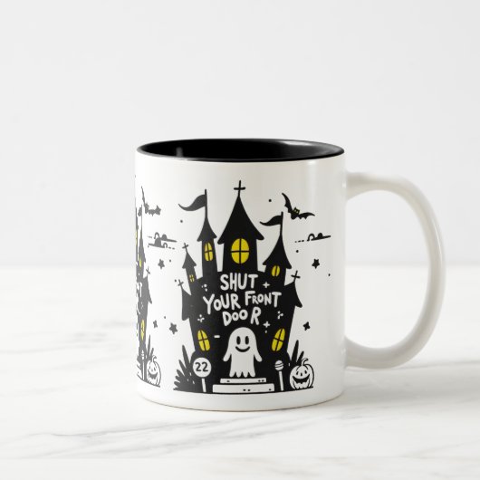 Shut Your Front Door Mug – Haunted House Ghost Tweekleurige Koffiemok (Rechts)