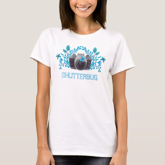 Shutterbug camera met blauwe bladeren en vlinders t-shirt (Voorkant)