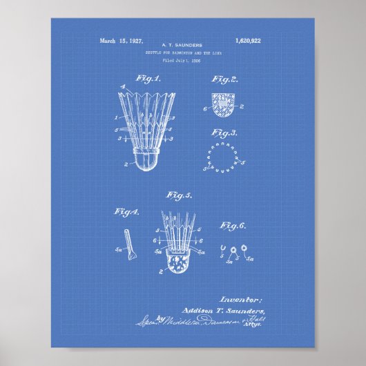 Shuttle for Badminton 1927 Patent Art Blueprint Poster (Voorkant)
