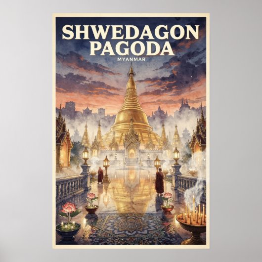 Shwedagon Pagoda Vintage Reisposter Poster (Voorkant)