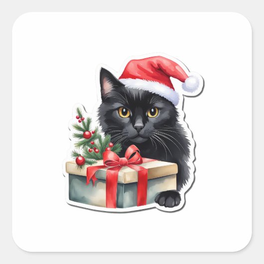 Shy Black Santa Kitten met Cadeau Vierkante Sticker (Voorkant)