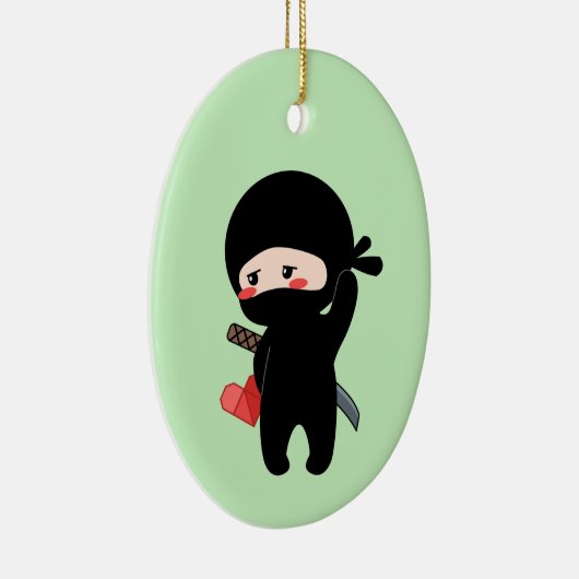 Shy Blushing Ninja Holding Origami Heart Green Keramisch Ornament (Rechts)