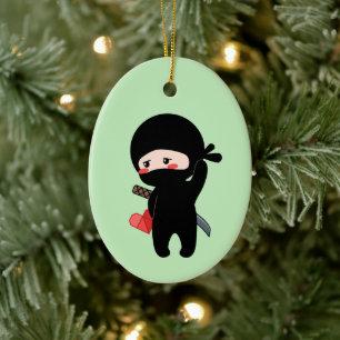 Shy Blushing Ninja Holding Origami Heart Green Keramisch Ornament