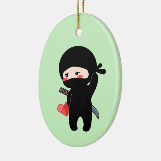 Shy Blushing Ninja Holding Origami Heart Green Keramisch Ornament (Links)