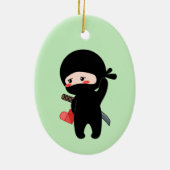 Shy Blushing Ninja Holding Origami Heart Green Keramisch Ornament (Achterkant)