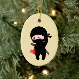 Shy Blushing Ninja Holding Origami Heart Yellow Keramisch Ornament